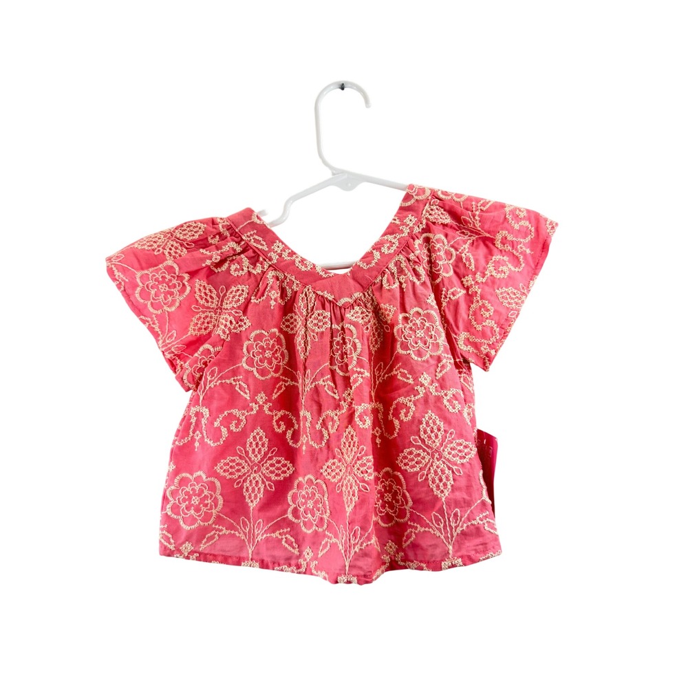 NWT Rare Editions Baby Girls Pink Embroidered Cotton Flutter Sleeve Top 3-6M